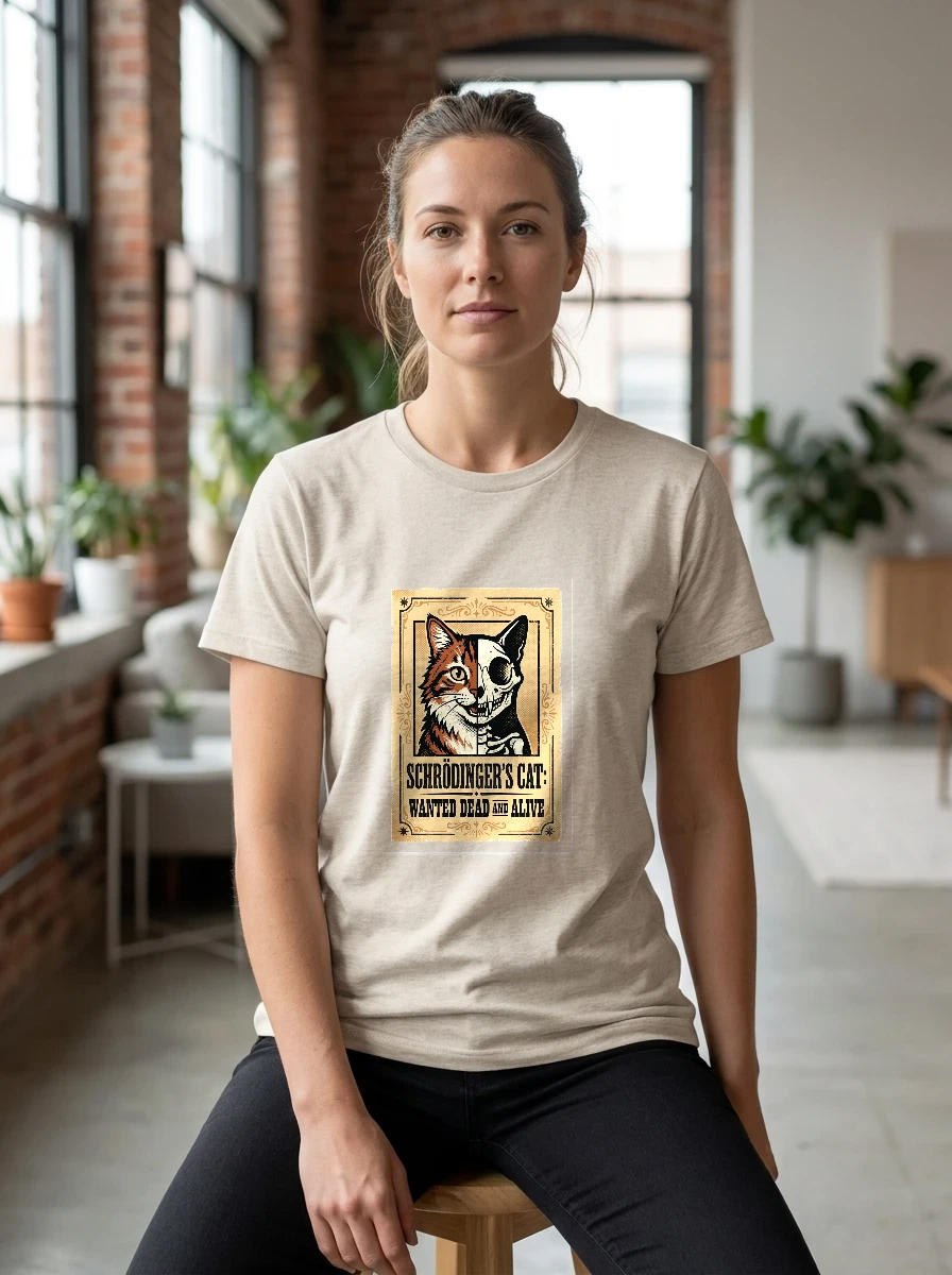 Tee That Says "schrödinger's Cat: Wanted, Worn, Heather Natural