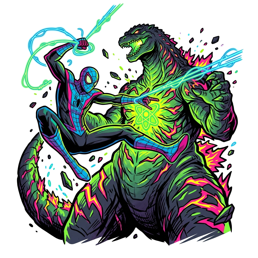 Artwork generated from 'p masked web slinging hero vs godzilla hoodie 791f69cb'