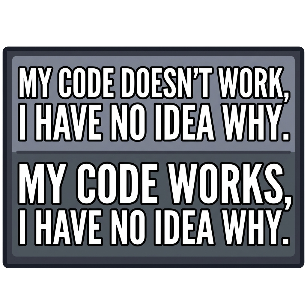 Artwork generated from 'tee that says "my code doesn't work, i have no idea why. my code works, i have no idea why" split front on heather grey'