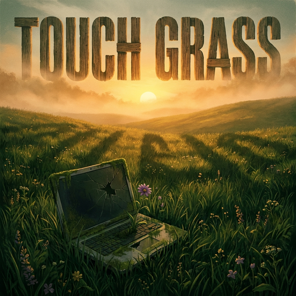Artwork generated from 'poster that says "TOUCH GRASS" lush field with a tiny abandoned laptop'