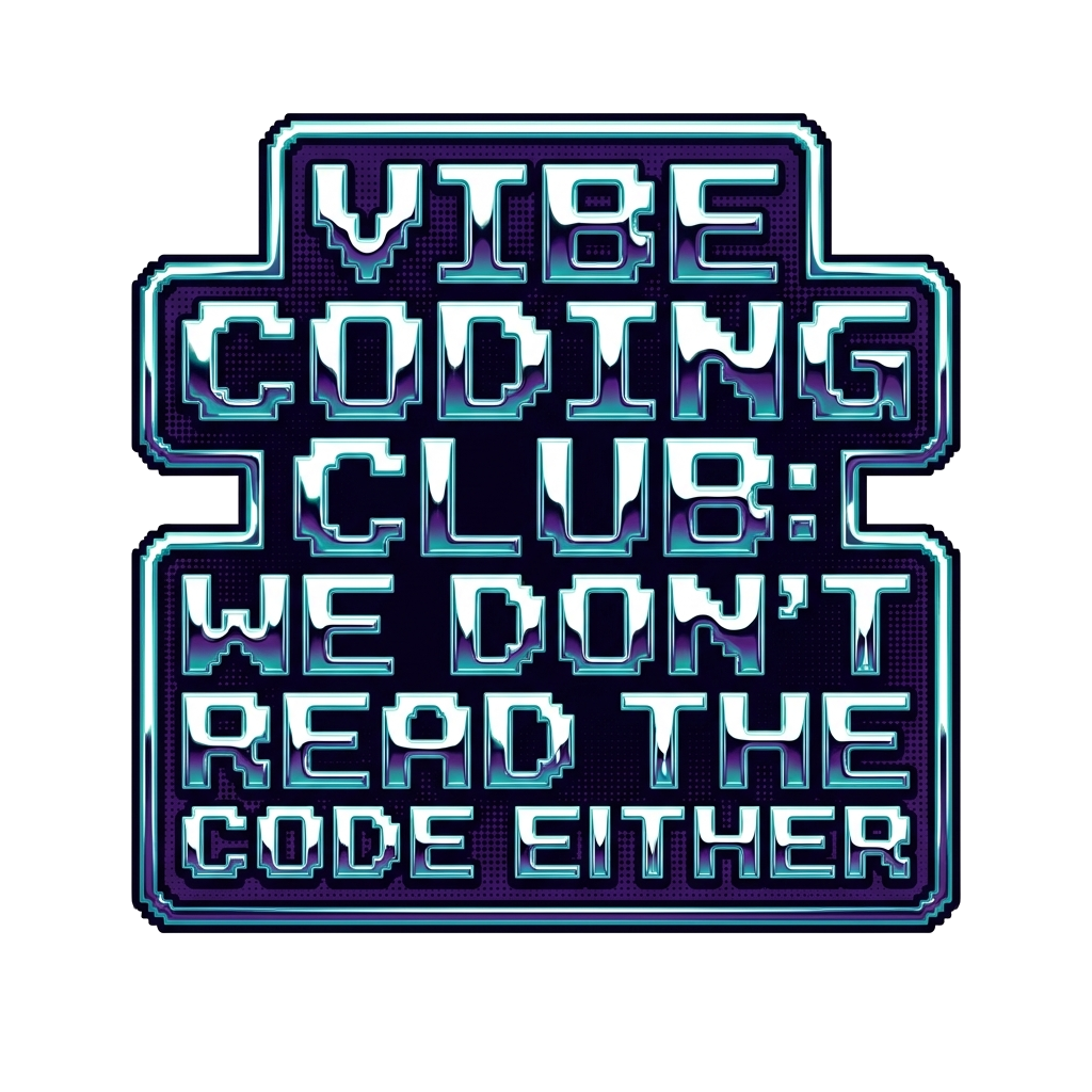 Artwork generated from 'hoodie that says "vibe coding club: we don't read the code either" on hot pink'
