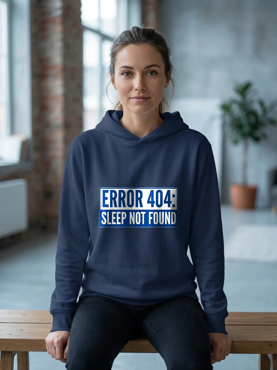 Hoodie That Says "error 404: Sleep, Worn, Navy