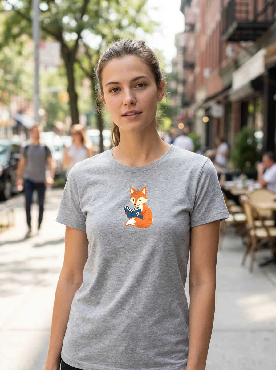 Minimalist Fox Reading a Book Tee, Worn, Ash