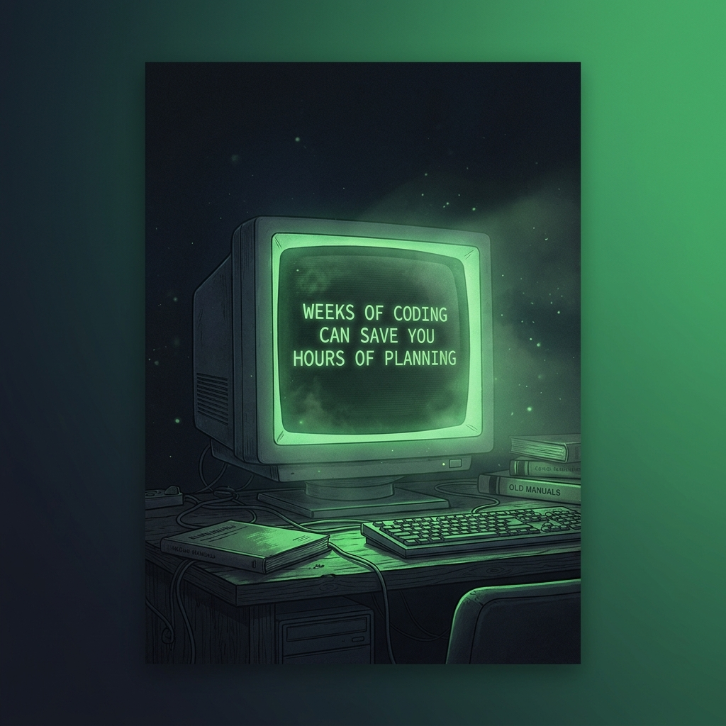 Artwork generated from 'poster that says "WEEKS OF CODING CAN SAVE YOU HOURS OF PLANNING" corporate motivational parody'