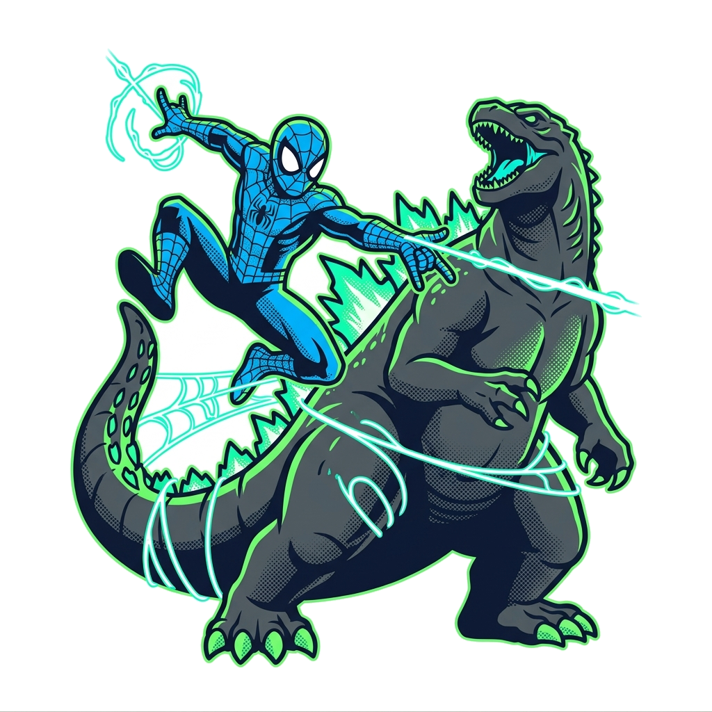 Artwork generated from 'masked web-slinging hero vs godzilla hoodie'