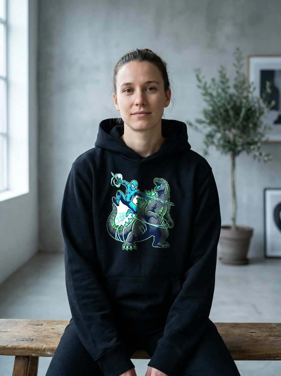 Masked Web-slinging Hero vs Godzilla Hoodie, Worn, Black