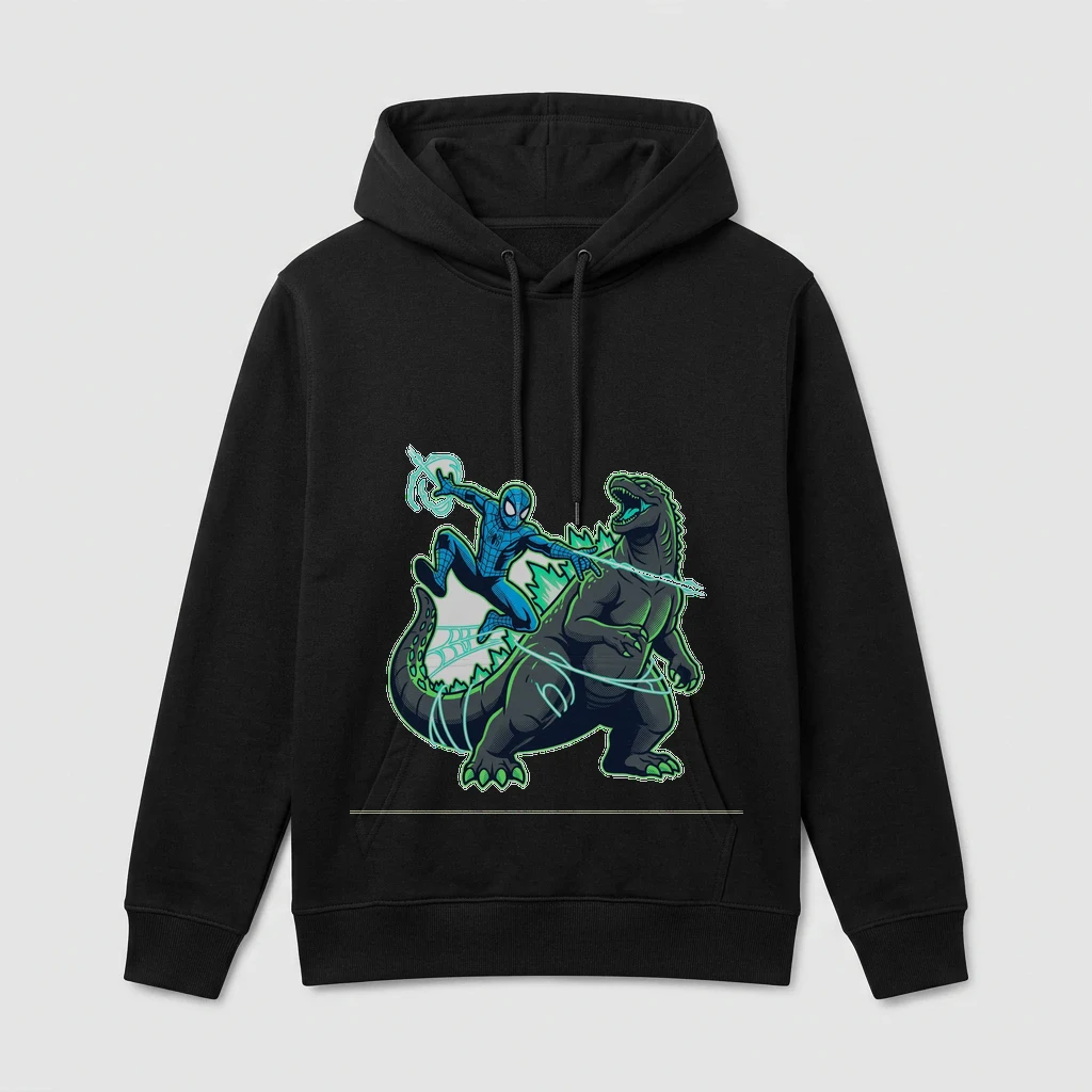 Masked Web-slinging Hero vs Godzilla Hoodie, Product, Black
