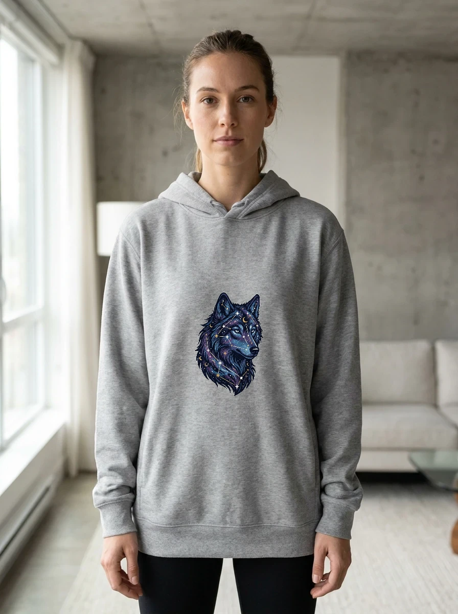 Midnight Wolf Constellation Hoodie, Worn, Athletic Heather