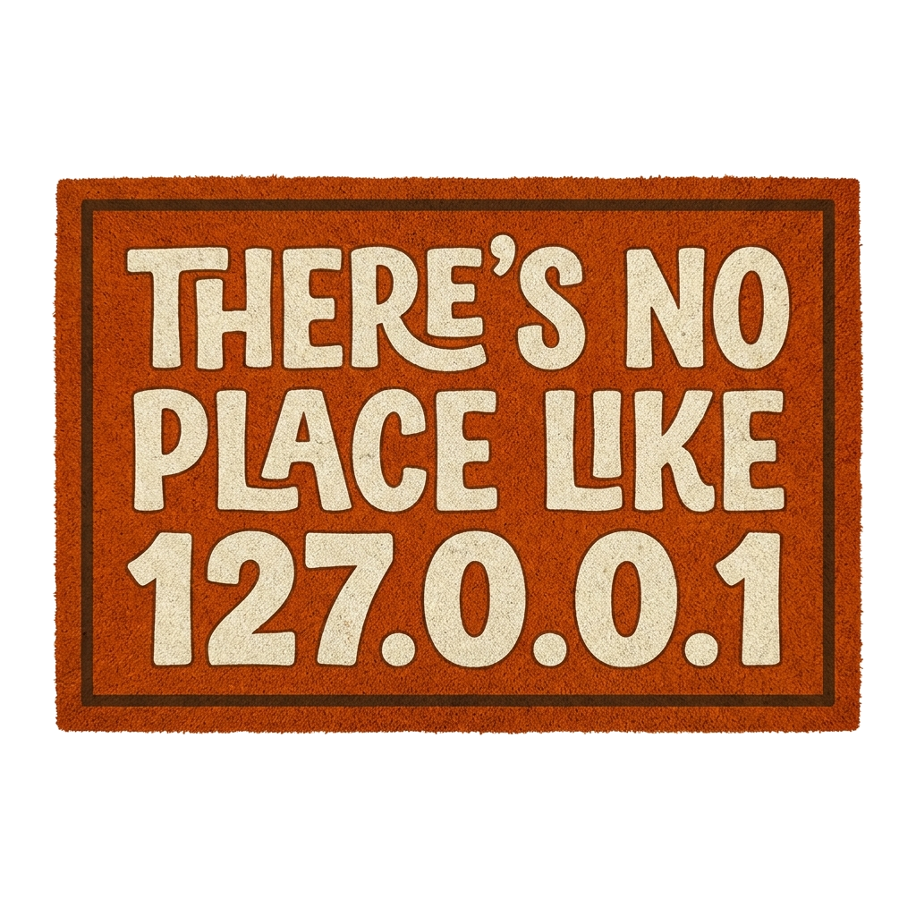 Artwork generated from 'tee that says "there's no place like 127.0.0.1" cozy doormat style on rust orange'