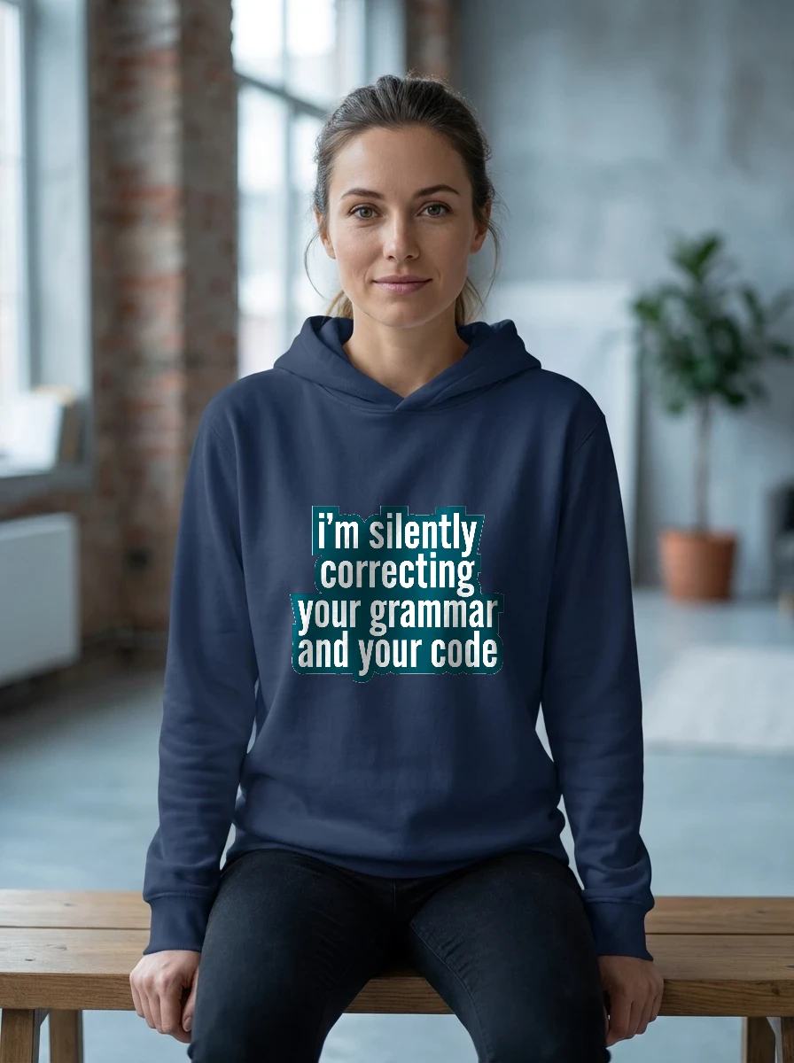 Hoodie That Says "i'm Silently Correcting, Worn, Navy