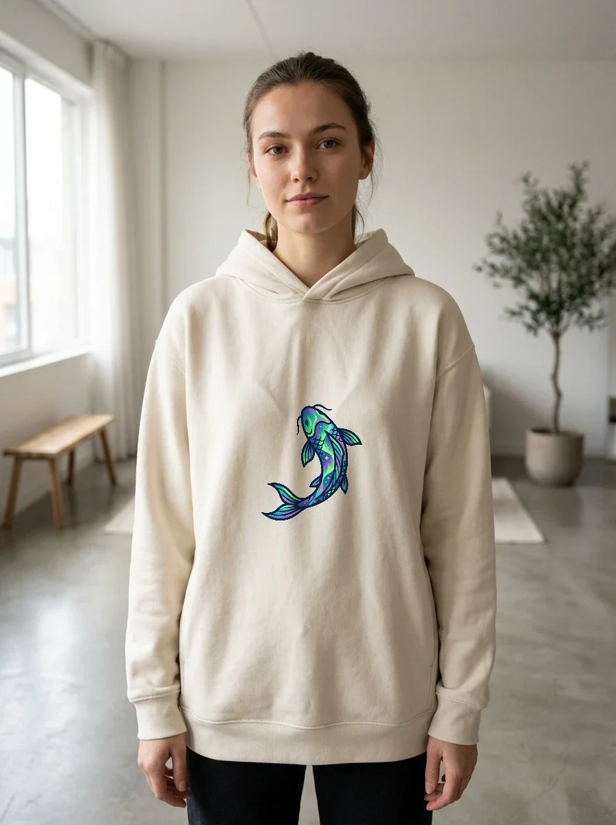 Aurora Borealis Koi Fish Hoodie, Worn, Athletic Heather