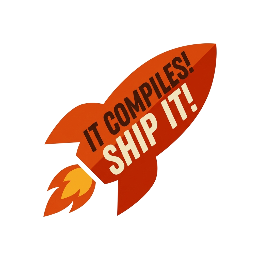 Artwork generated from 'tee that says "it compiles! ship it!" rocket on ember orange'