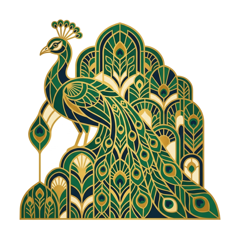 Artwork generated from 'art deco peacock in emerald and gold hoodie'