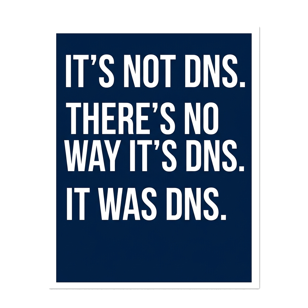 Artwork generated from 'tee that says "it's not DNS. there's no way it's DNS. it was DNS." haiku on midnight navy'