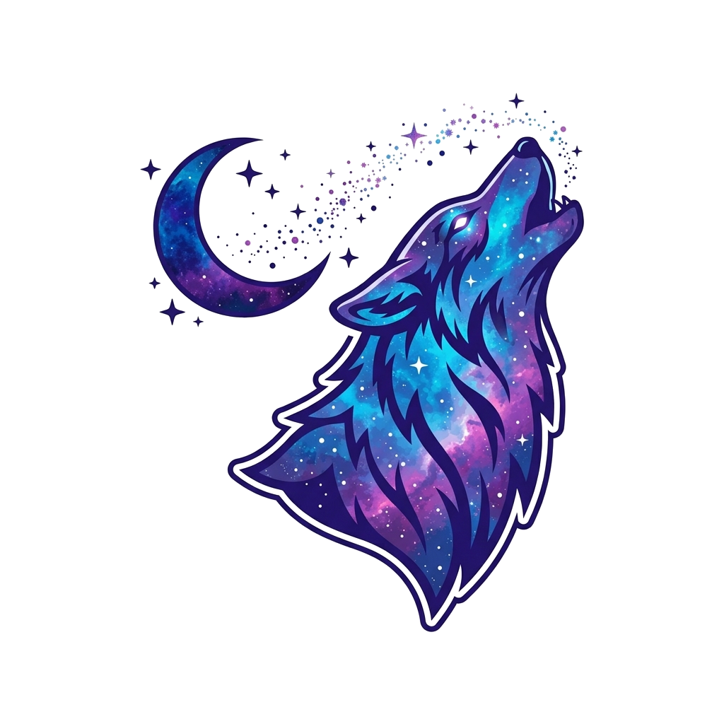 Artwork generated from 'cosmic galaxy wolf howling at the moon t-shirt'