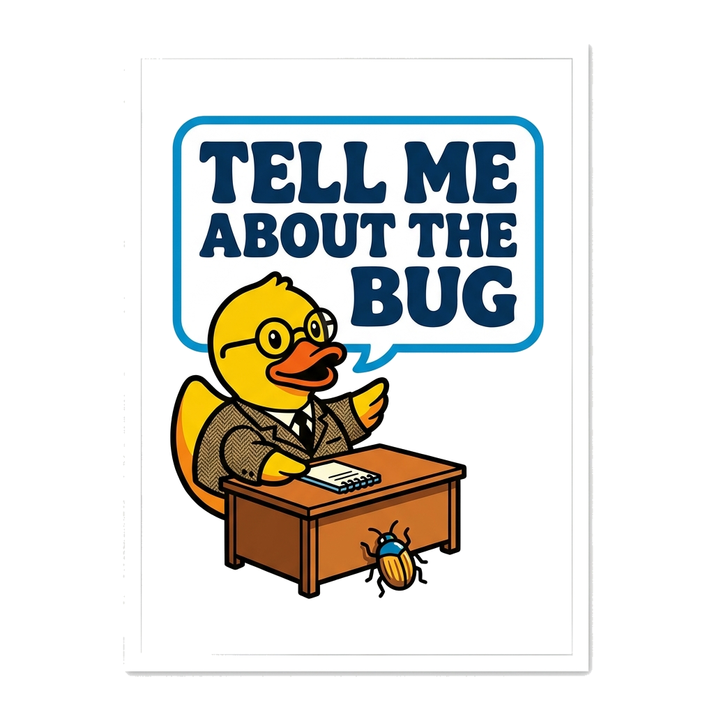 Artwork generated from 'sticker of a rubber duck therapist saying "tell me about the bug"'