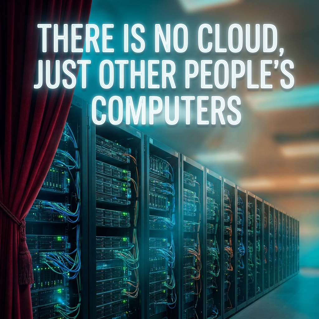 Artwork generated from 'poster that says "THERE IS NO CLOUD, JUST OTHER PEOPLE'S COMPUTERS" curtain pulled back on a server room'