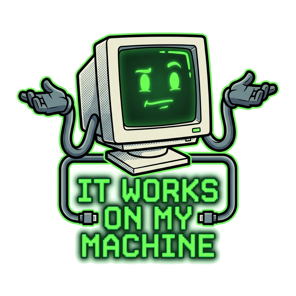 Artwork generated from 'tee that says "it works on my machine" with a shrug on black'