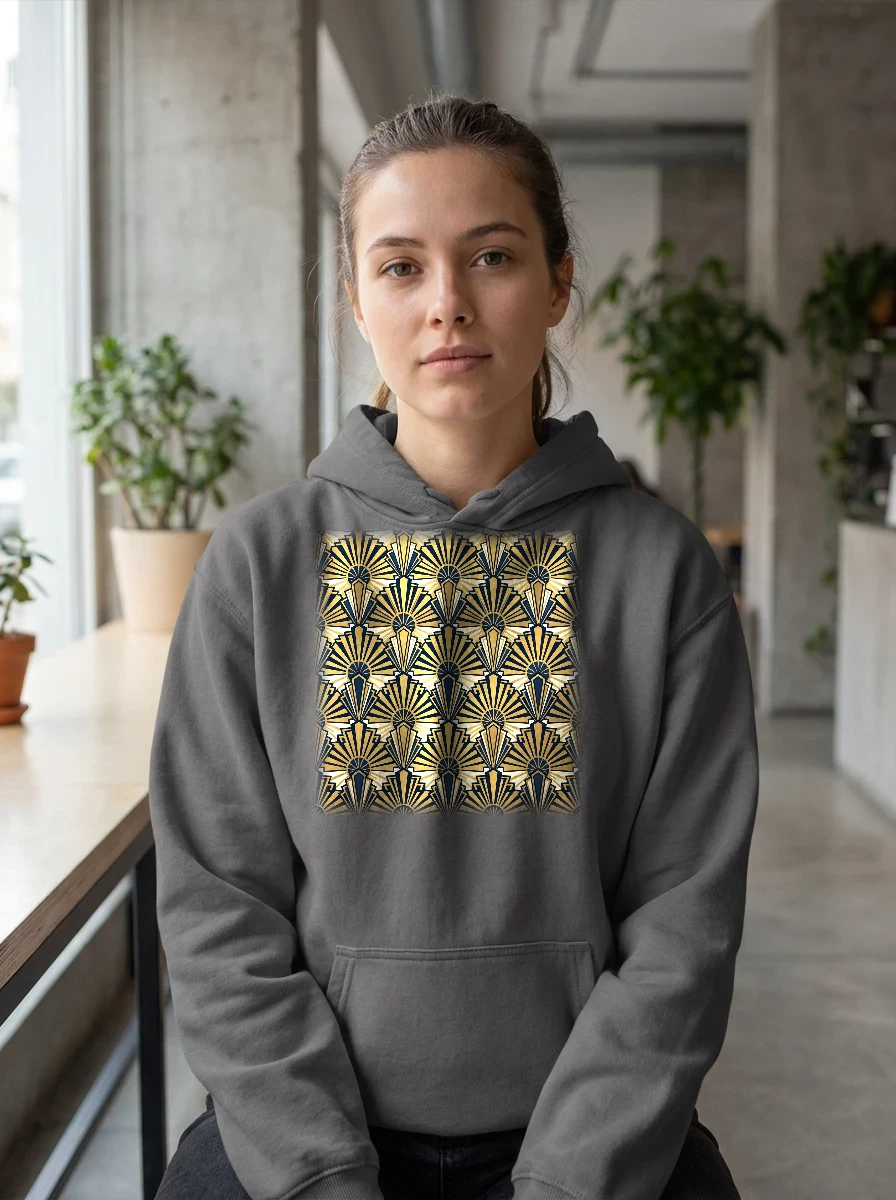 All-over Art-deco Sunburst Pattern Hoodie, Worn, All-Over Print
