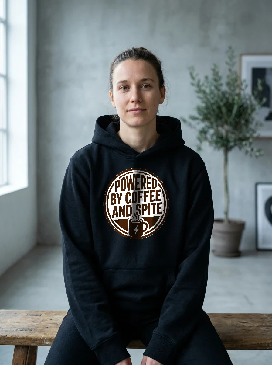 Hoodie That Says "powered by Coffee, Worn, Black
