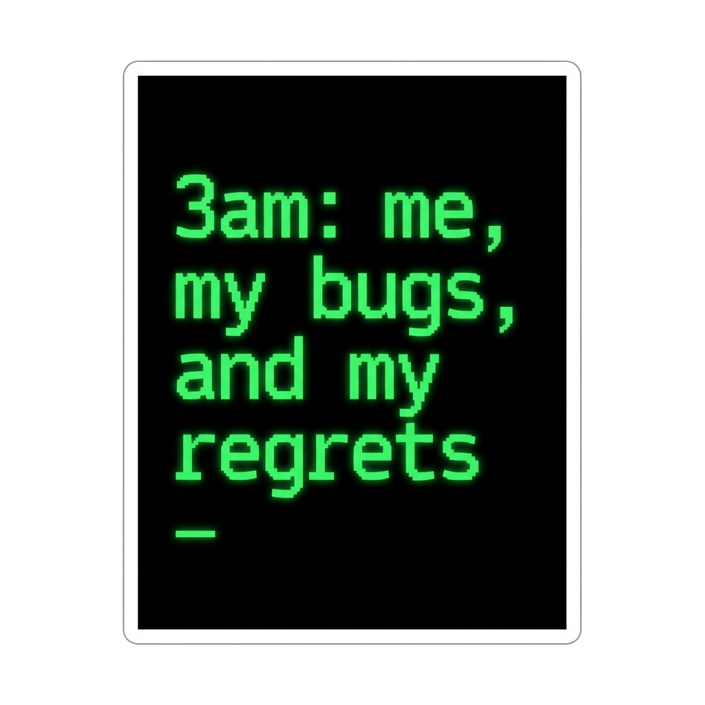Artwork generated from 'hoodie that says "3am: me, my bugs, and my regrets" glowing terminal on black'