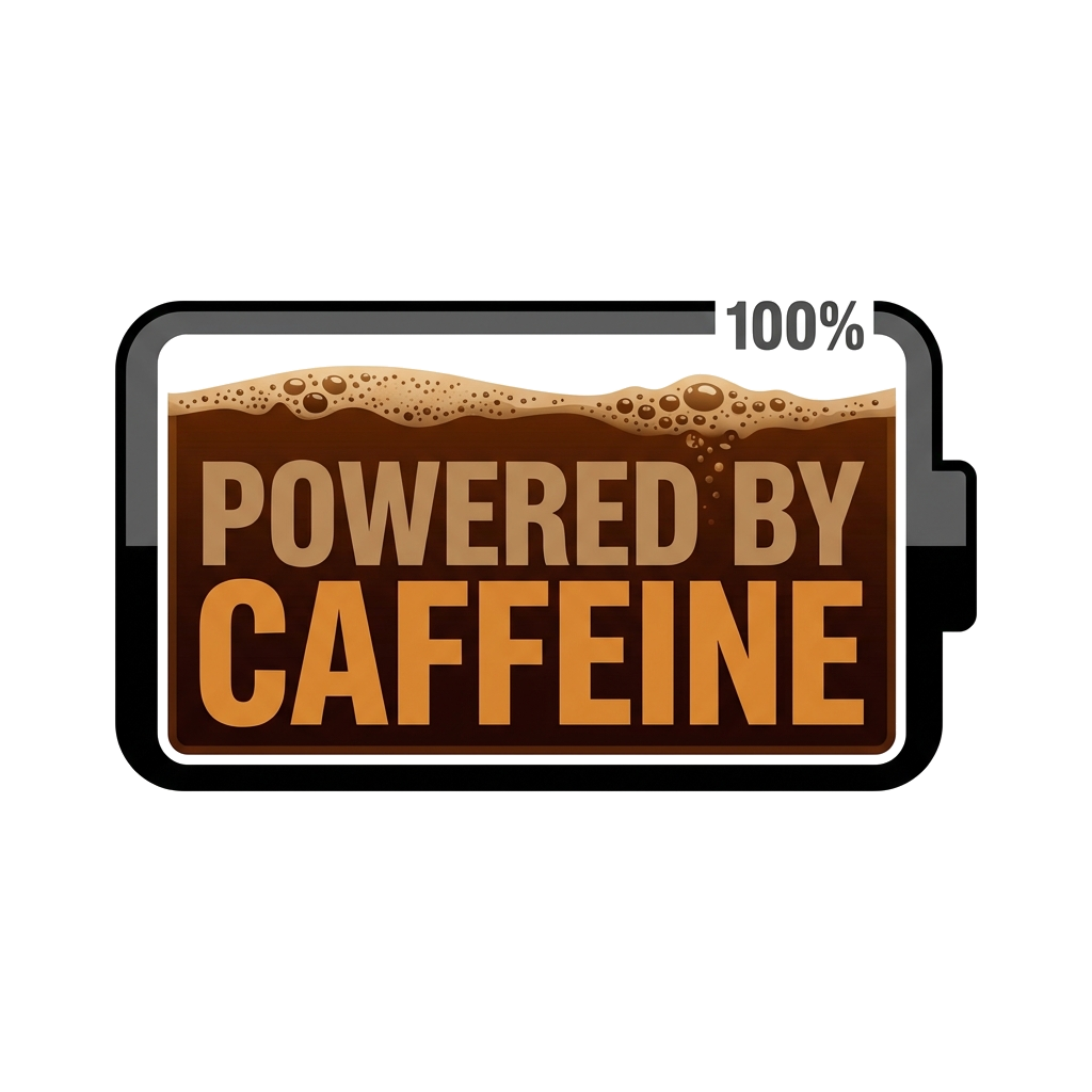 Artwork generated from 'sticker that says "powered by caffeine" battery meter full of coffee'