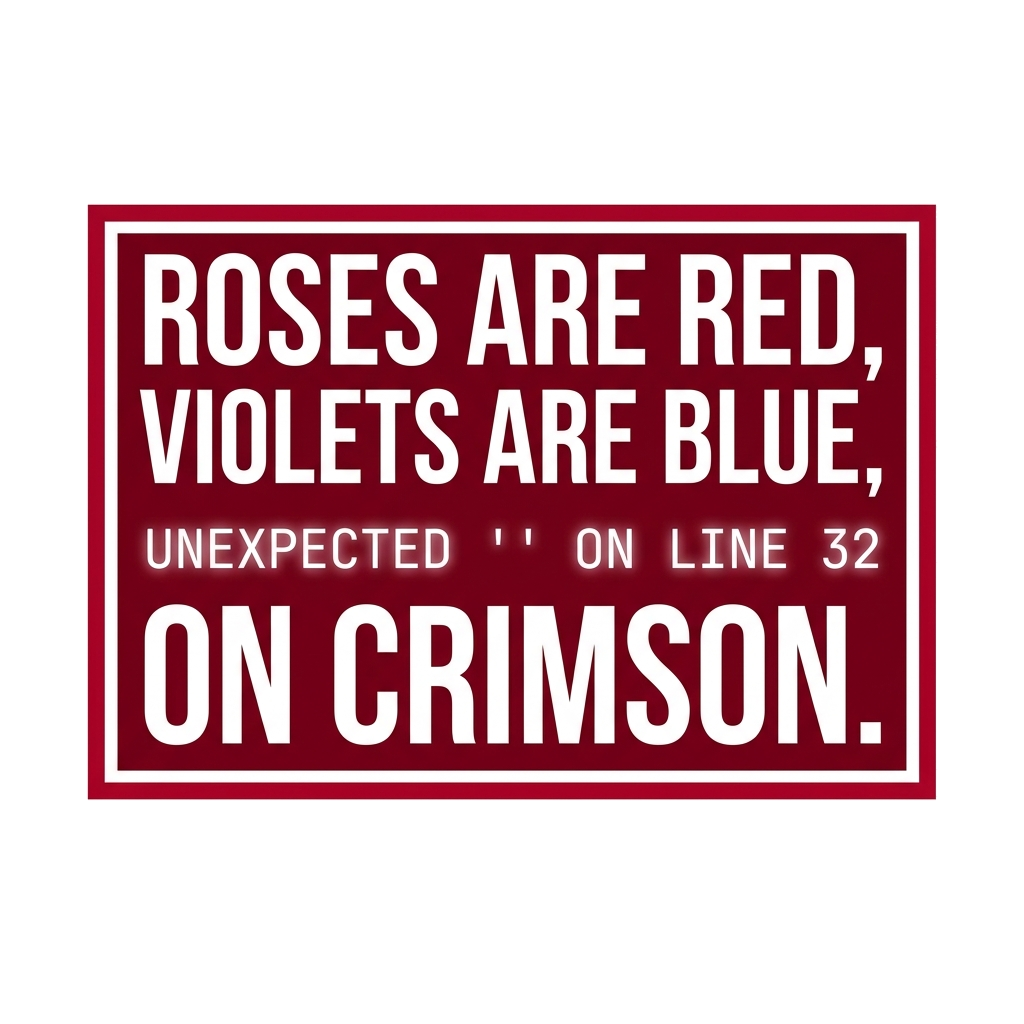 Artwork generated from 'tee that says "roses are red, violets are blue, unexpected '}' on line 32" on crimson'