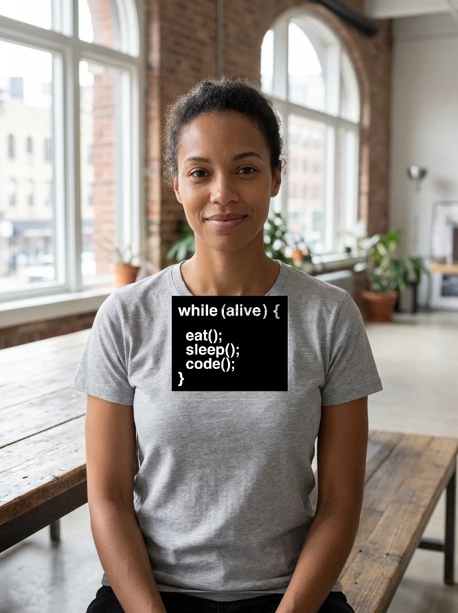 Tee That Says "while (alive) {, Worn, Ash