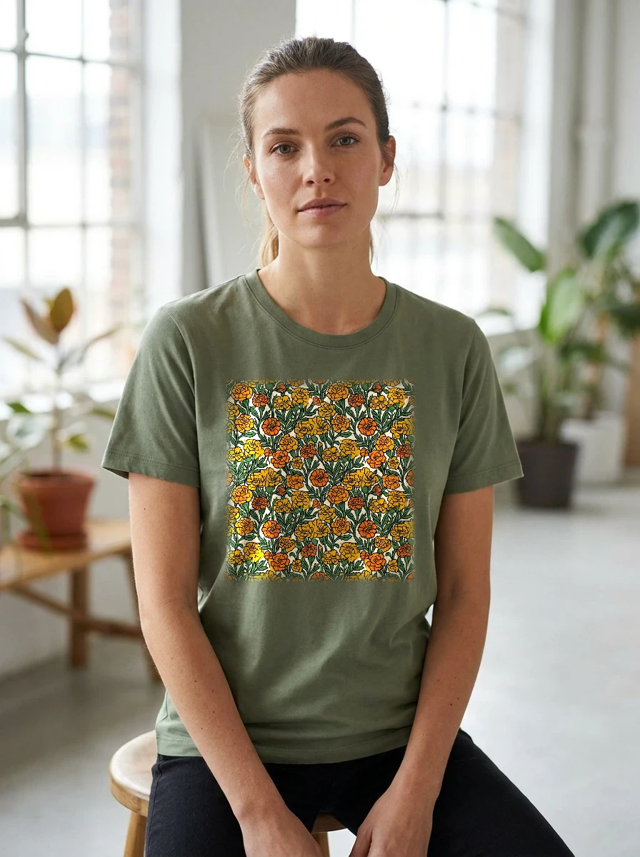 All-over Marigold Block-print Pattern Tshirt, Worn, All-Over Print