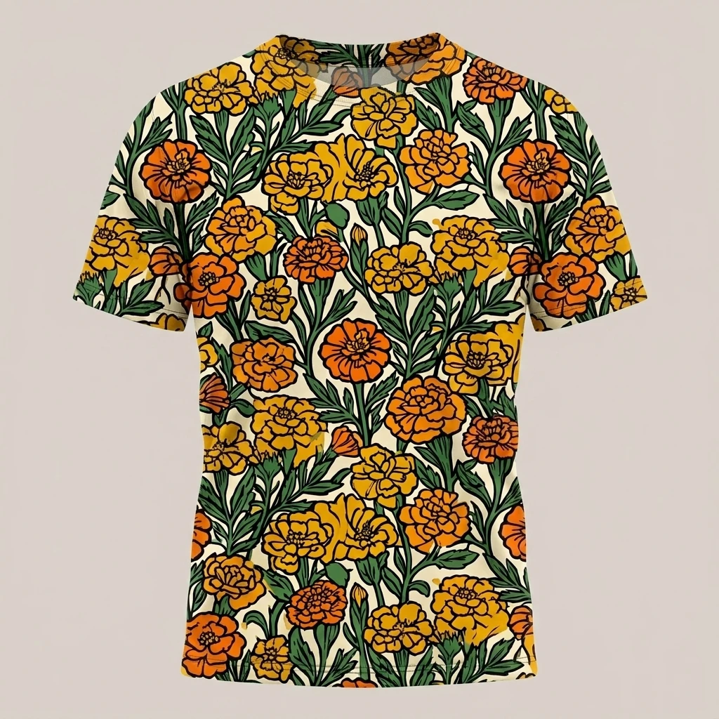 All-over Marigold Block-print Pattern Tshirt, Product, All-Over Print
