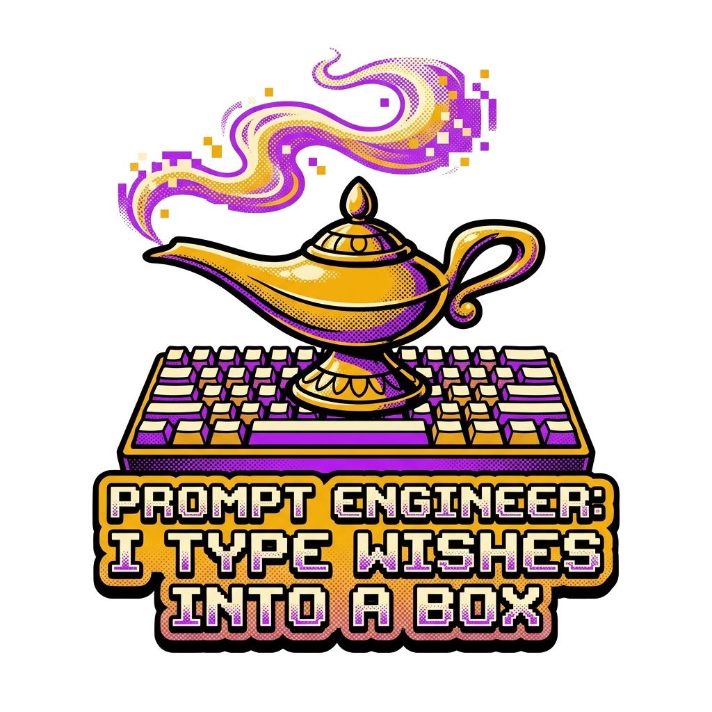 Artwork generated from 'tee that says "prompt engineer: i type wishes into a box" genie lamp keyboard on teal'