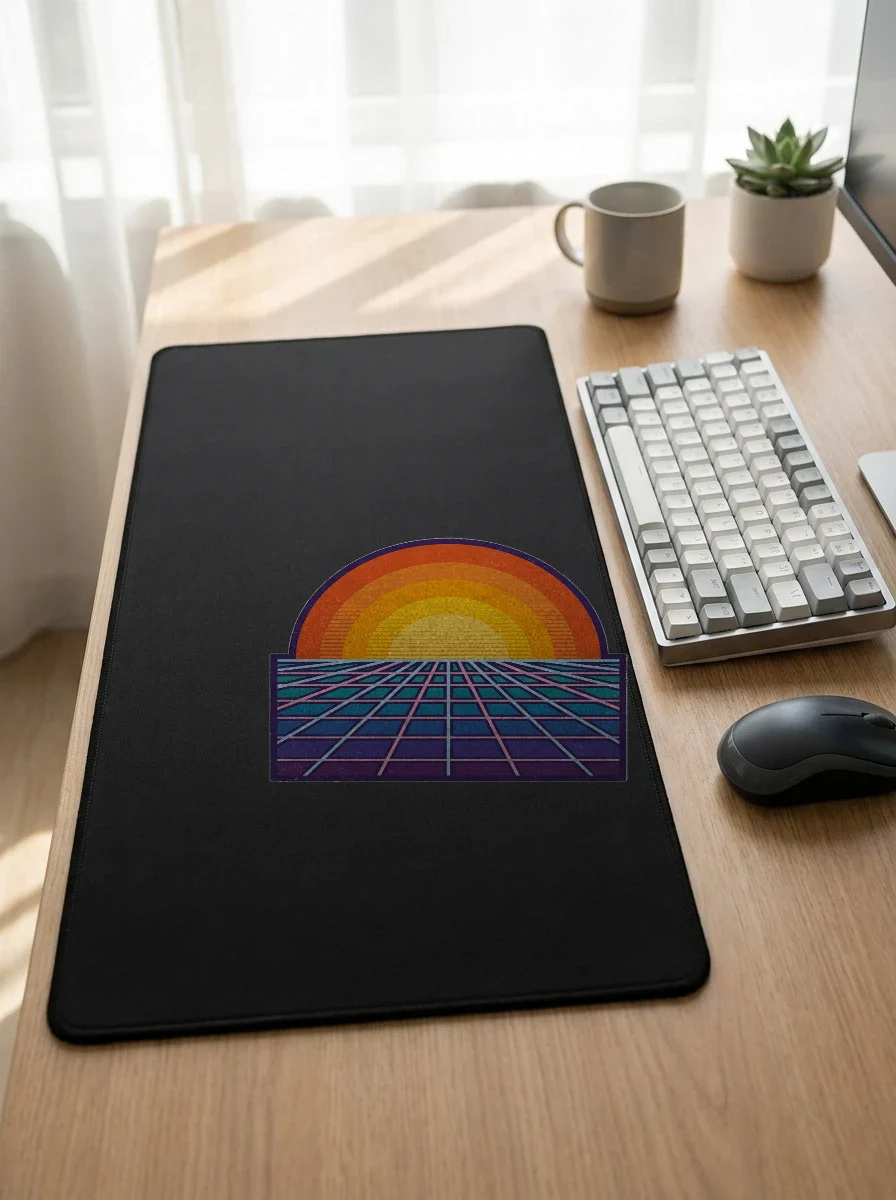 Retro Sunset Grid Desk Mat, Worn, Black