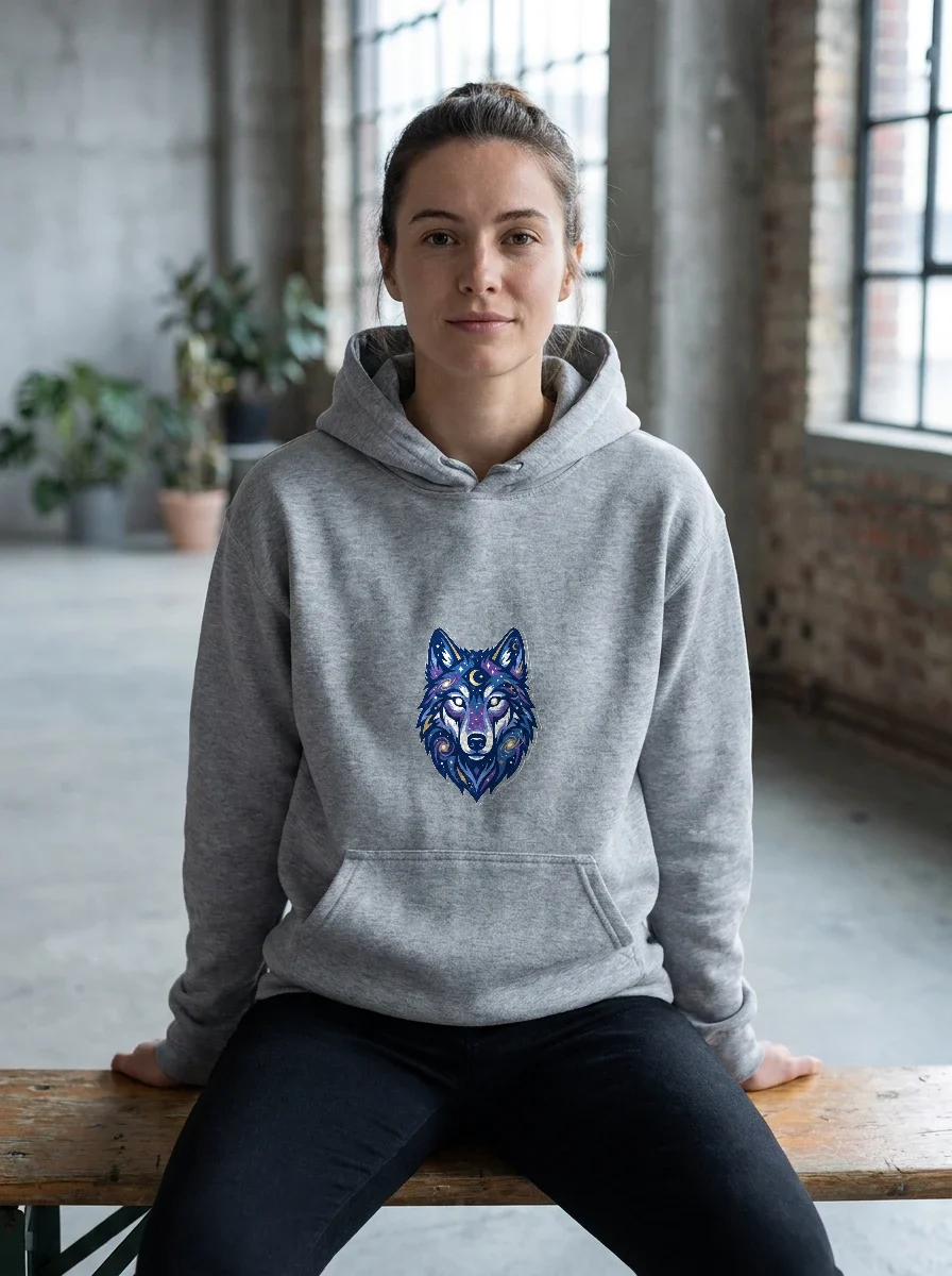 Cosmic Wolf on the Back, Hoodie, Worn, Athletic Heather