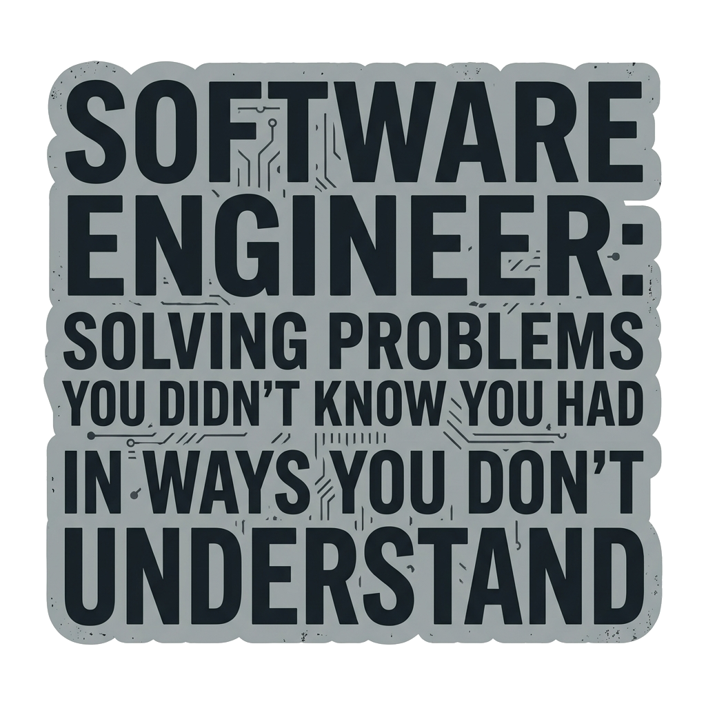 Artwork generated from 'tee that says "software engineer: solving problems you didn't know you had in ways you don't understand" on ash'