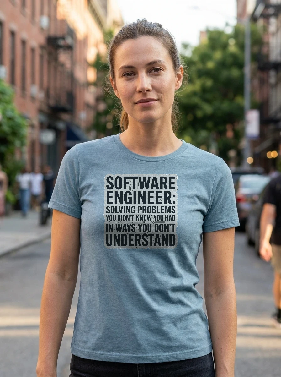 Tee That Says "software Engineer: Solving, Worn, Heather Prism Dusty Blue