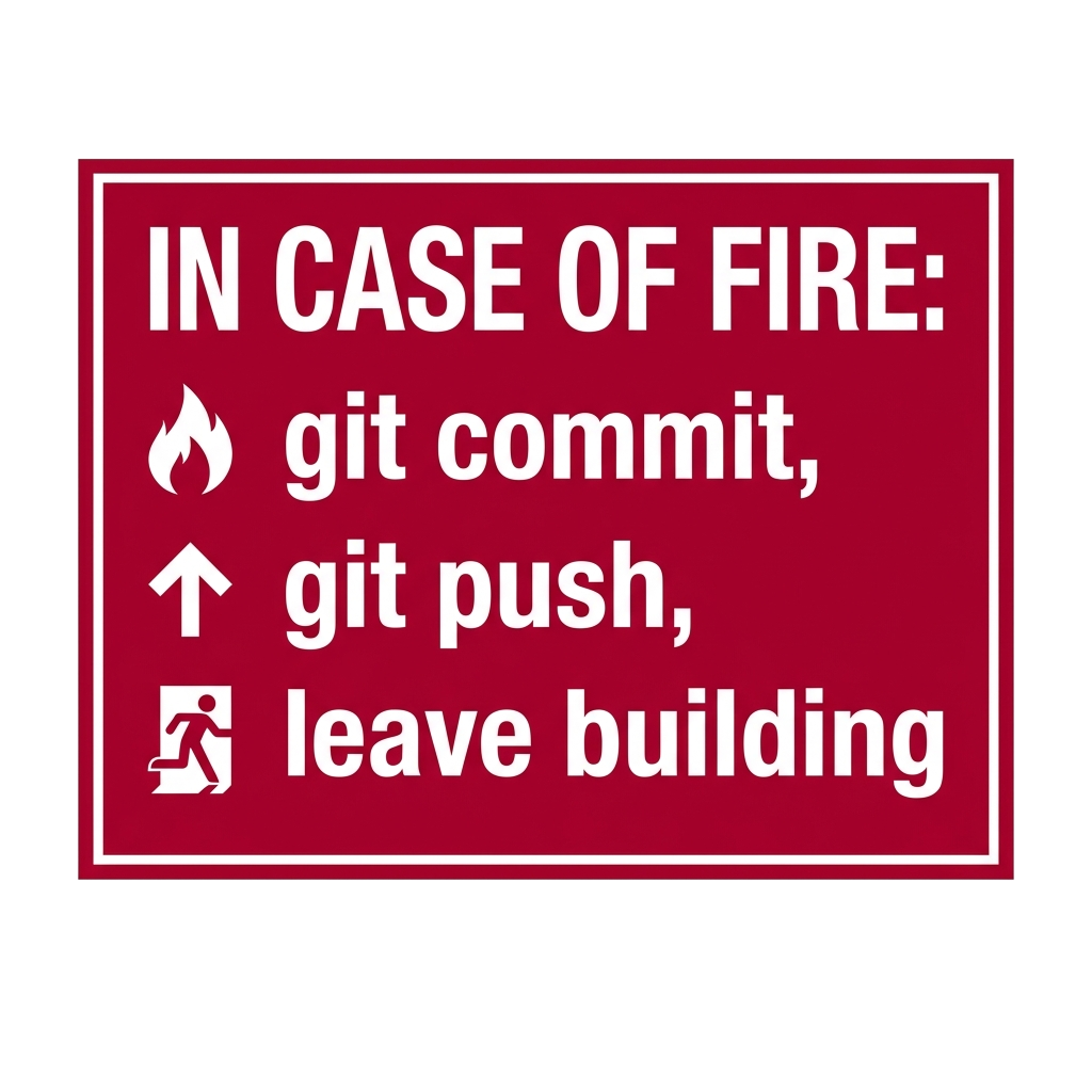 Artwork generated from 'tee that says "in case of fire: git commit, git push, leave building" fire safety instructions on crimson'