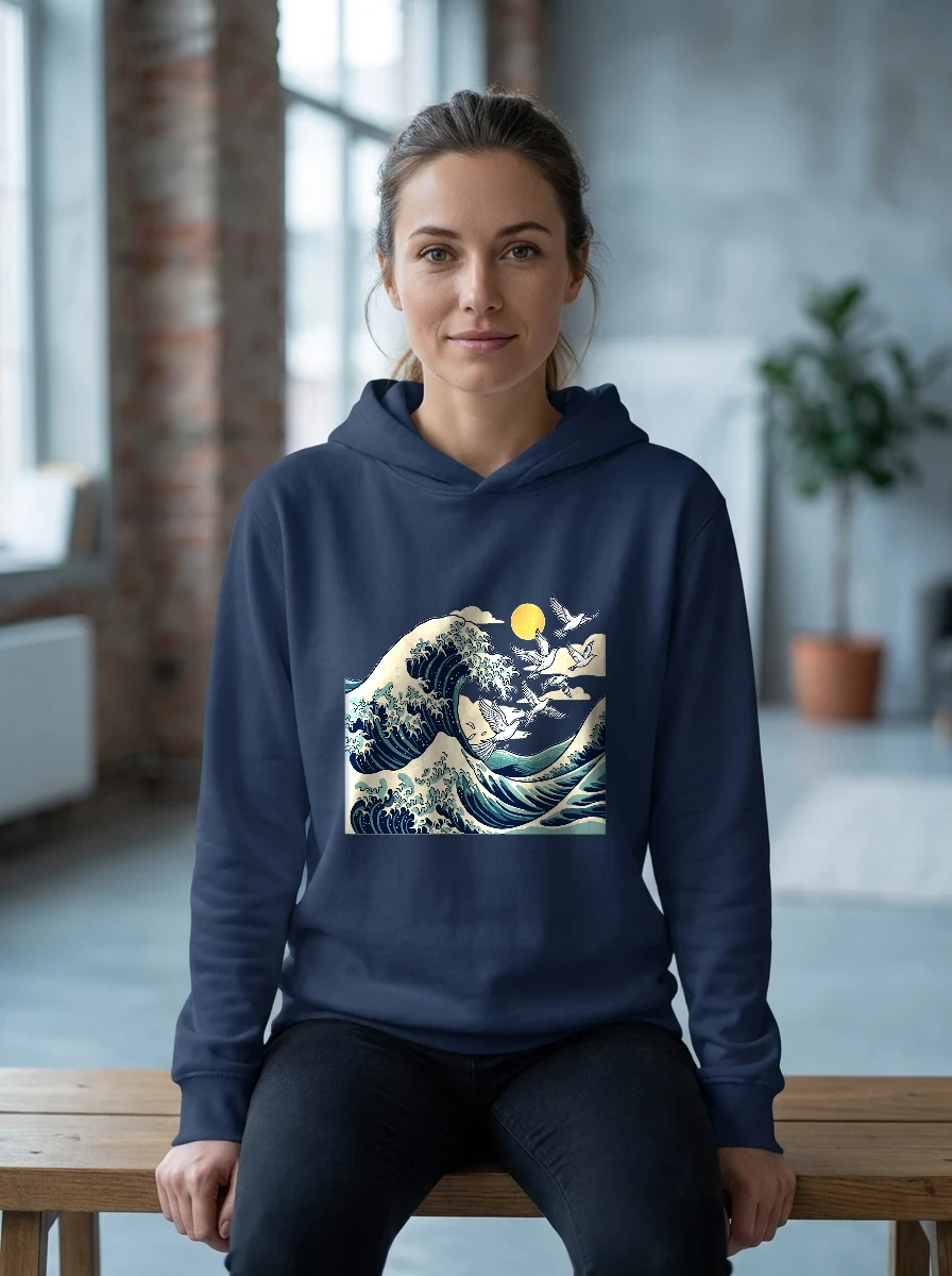 Ukiyo-e Great Wave Hoodie, Worn, Navy