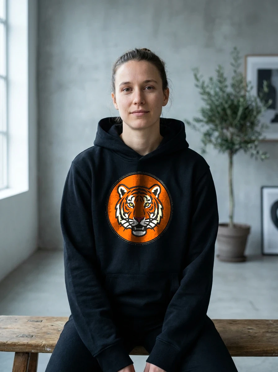 Embroidered Tiger Head Patch Hoodie, Worn, Black