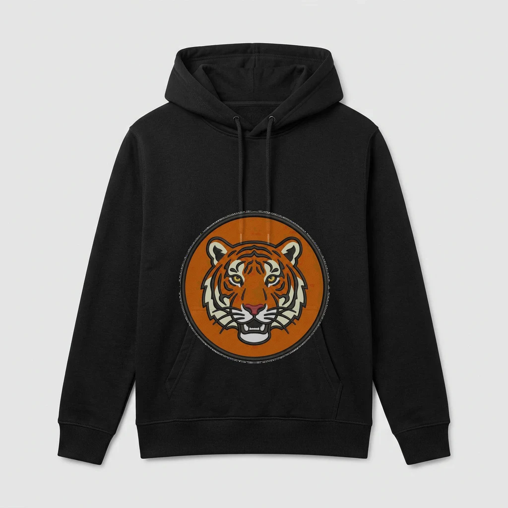 Embroidered Tiger Head Patch Hoodie, Product, Black