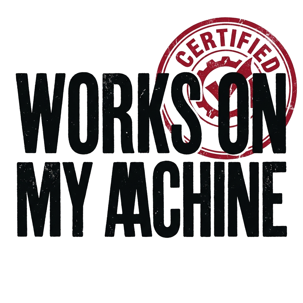 Artwork generated from 'mug that says "works on my machine" tiny certified stamp'
