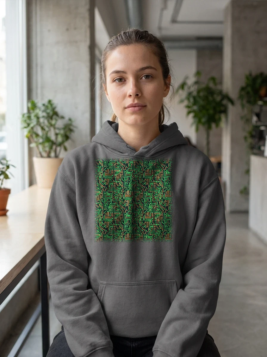 All-over Circuit Traces Pattern Hoodie, Worn, All-Over Print