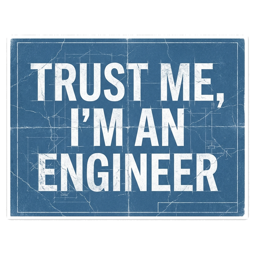 Artwork generated from 'hoodie that says "trust me, i'm an engineer" cracked blueprint on steel blue'