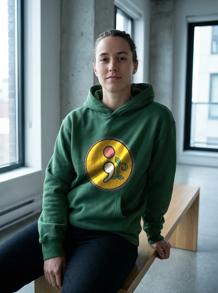 Embroidered Semicolon Patch Hoodie on Forest, Worn, Forest