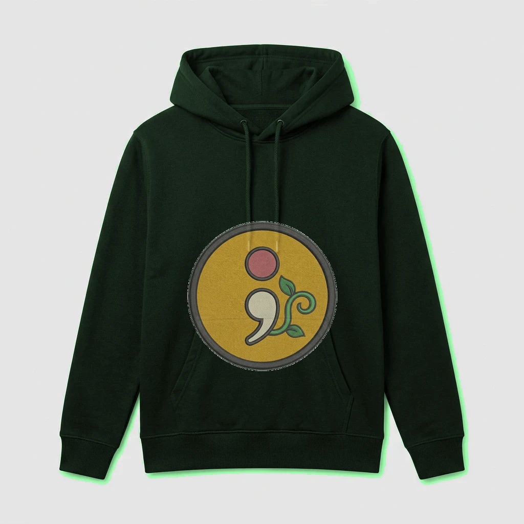 Embroidered Semicolon Patch Hoodie on Forest, Product, Forest