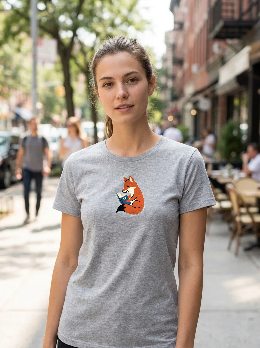 Minimalist Fox Reading a Book Tee, Worn, Ash