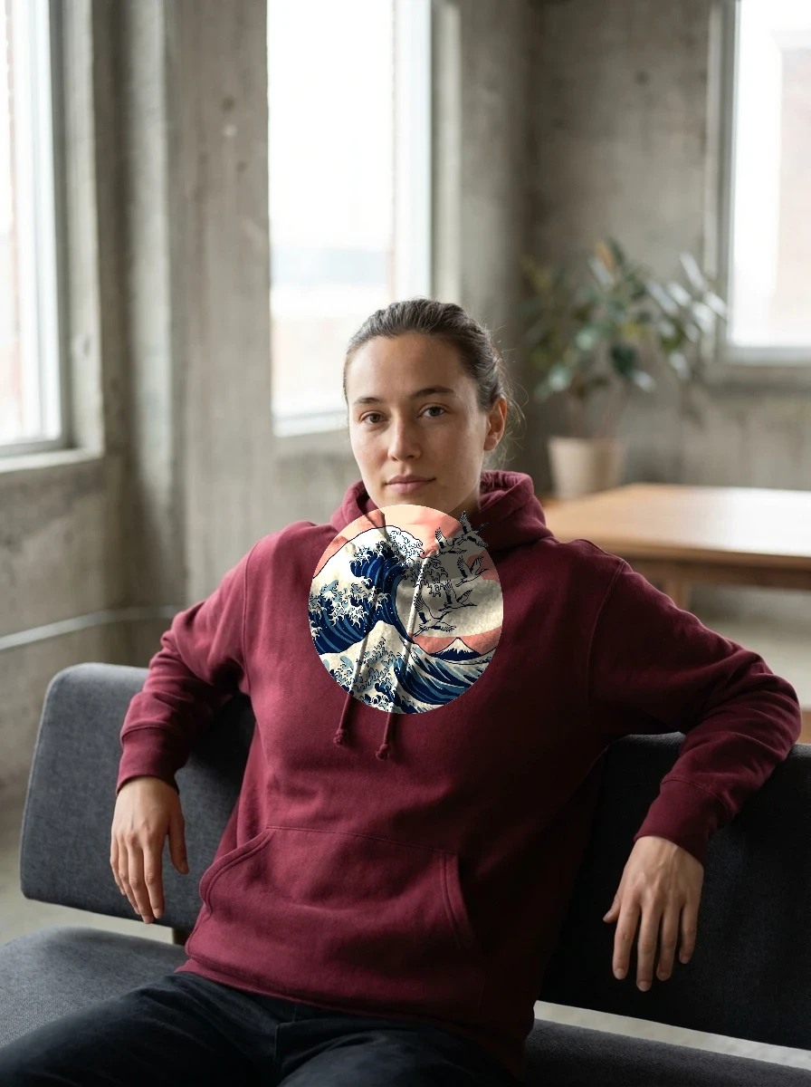 Ukiyo-e Great Wave Hoodie, Worn, Maroon