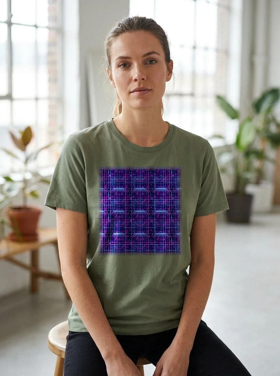 All-over Synthwave Grid Pattern Tshirt, Worn, All-Over Print