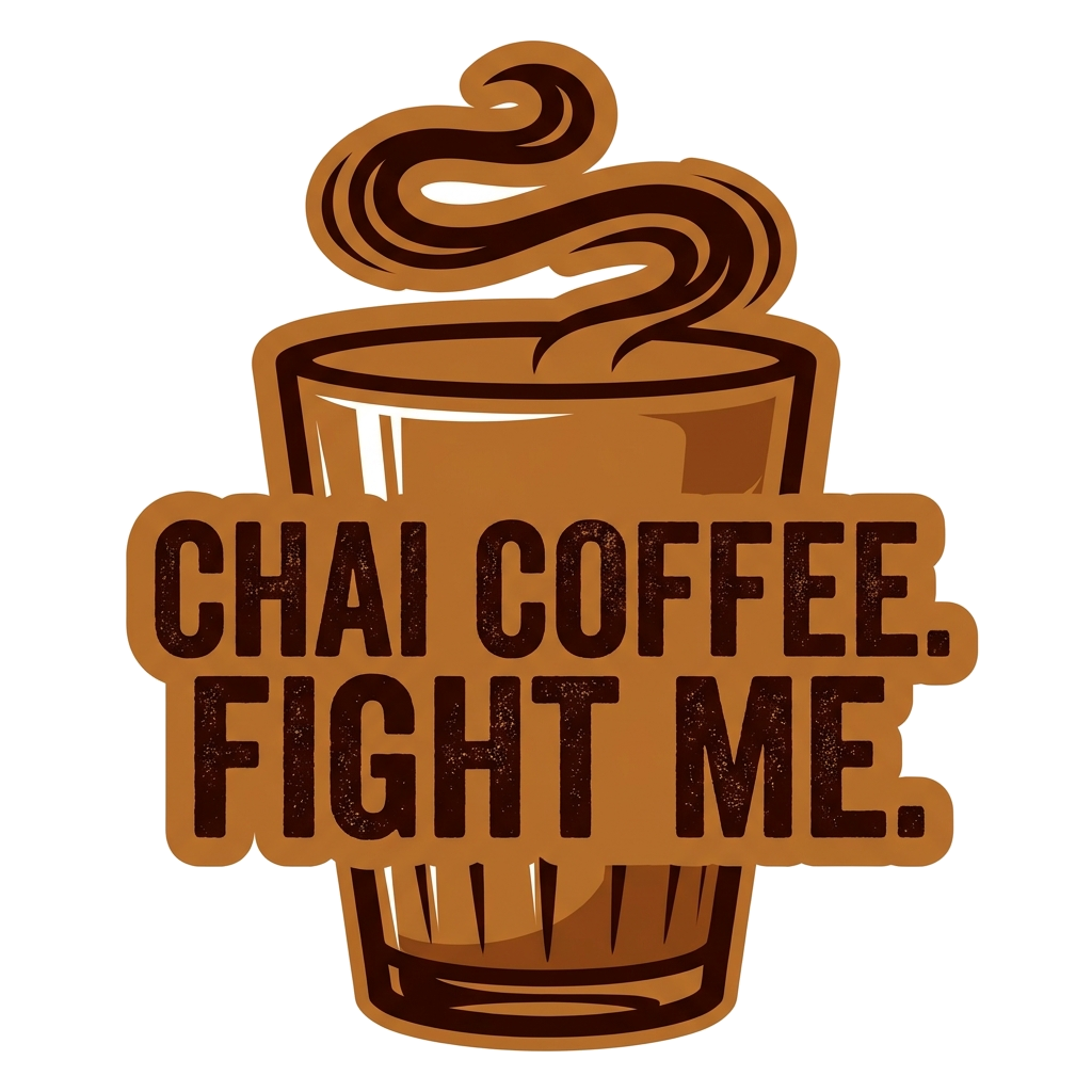 Artwork generated from 'tee that says "chai > coffee. fight me." steaming cutting glass on masala brown'