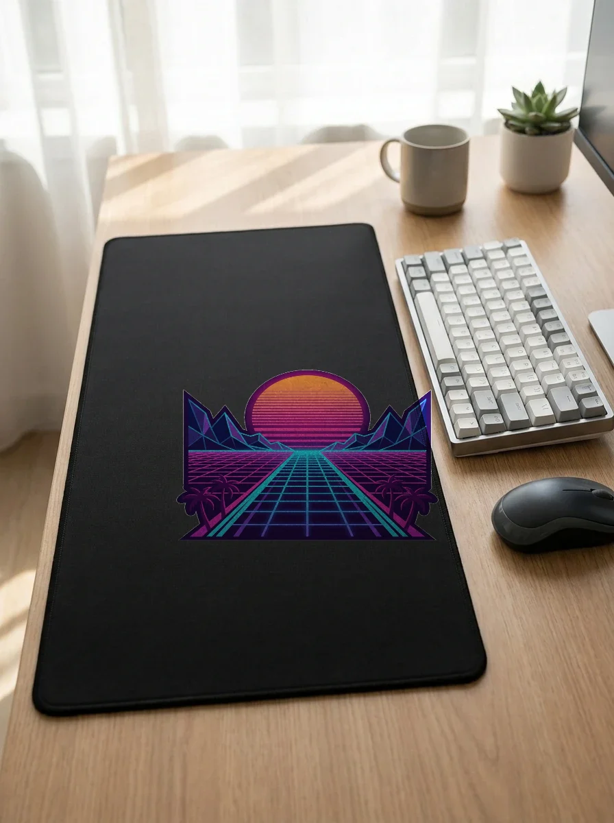 Synthwave Grid Desk Mat, Worn, Black