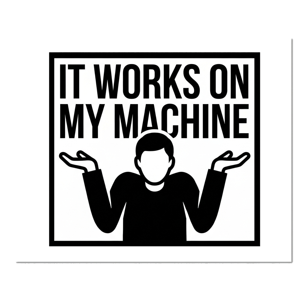 Artwork generated from 'tee that says "it works on my machine" with a shrug on black'